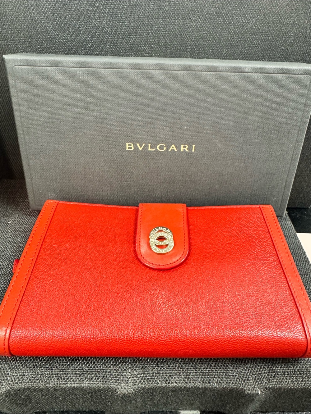 Bulgari Red Leather Wallet with Gold-Tone Logo Snap